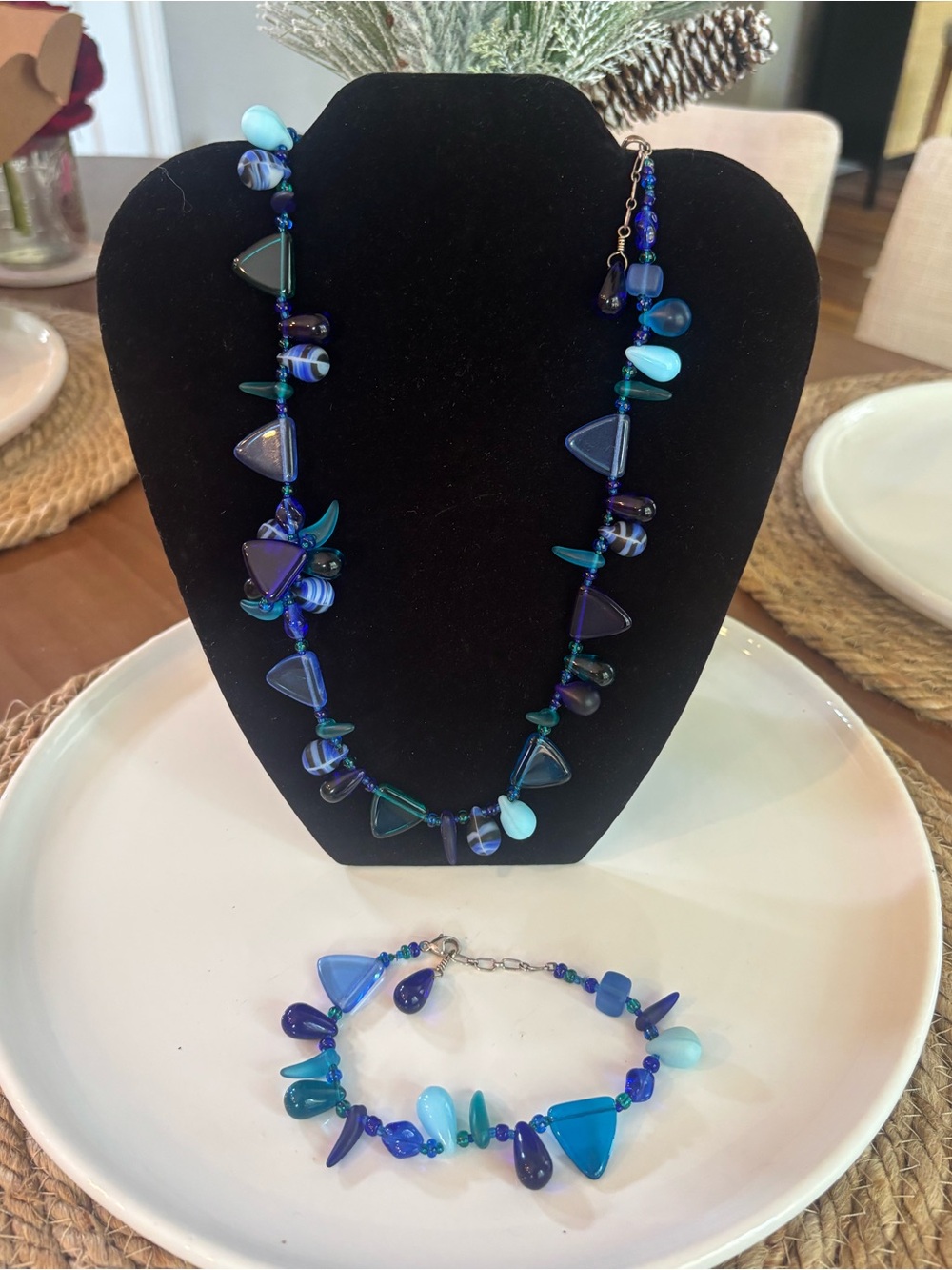 Handmade Artisan Blue Glass Bead Statement Necklace Bracelet Set Sterling Clasp